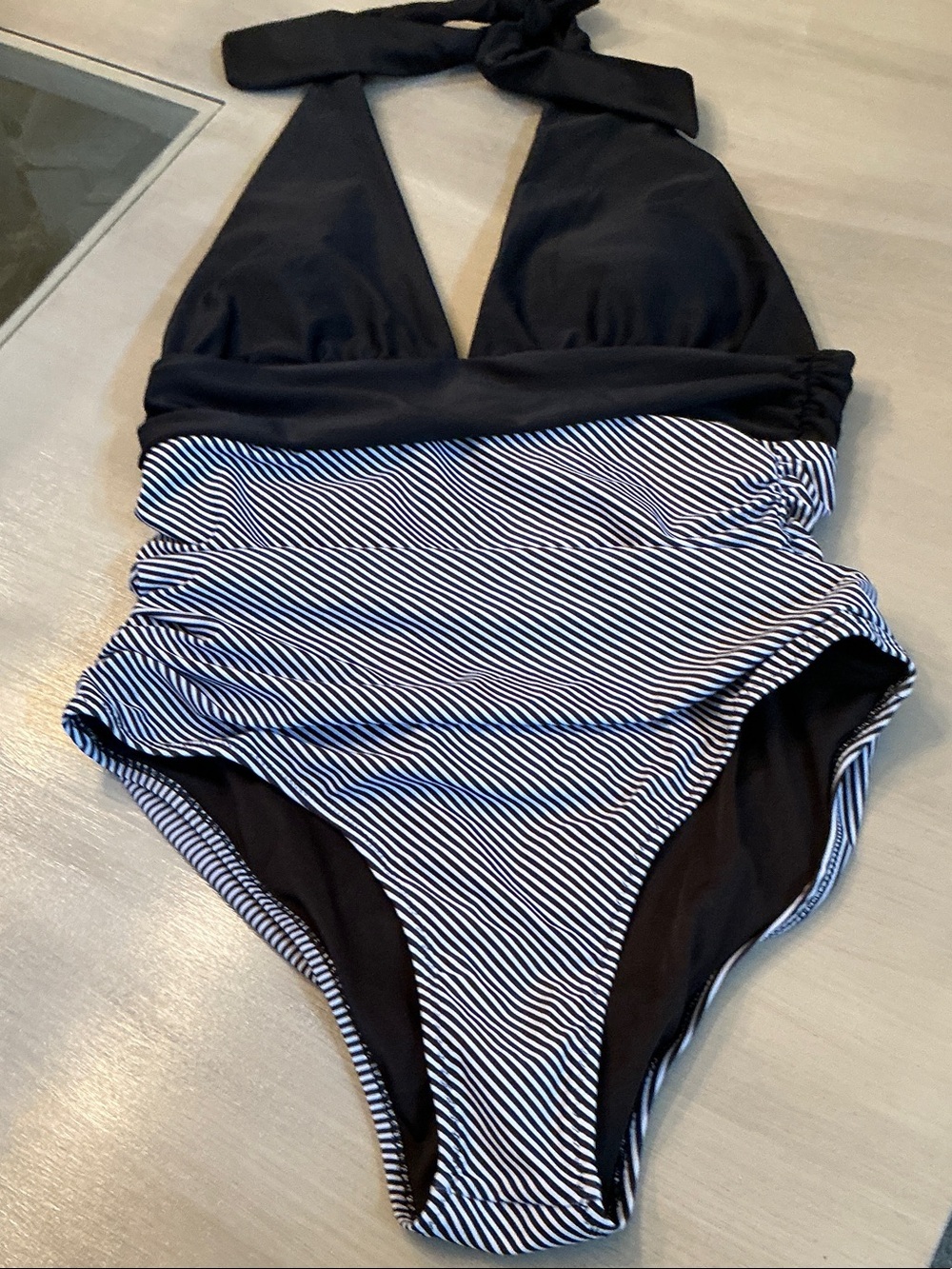 Halter One-Piece Swimsuit in Black and White Stripe